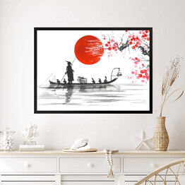 Obraz w ramie Tradycyjny japoński obraz - Człowiek z łodzi i gałęzie wiśni