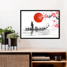 Obraz w ramie Tradycyjny japoński obraz - Człowiek z łodzi i gałęzie wiśni