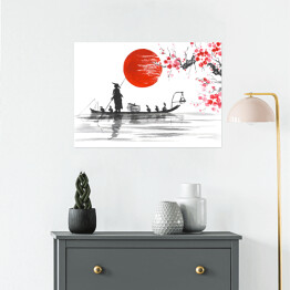 Plakat Tradycyjny japoński obraz - Człowiek z łodzi i gałęzie wiśni