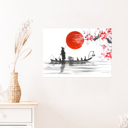 Plakat samoprzylepny Tradycyjny japoński obraz - Człowiek z łodzi i gałęzie wiśni