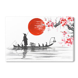 Obraz na płótnie Tradycyjny japoński obraz - Człowiek z łodzi i gałęzie wiśni