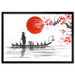 Plakat w ramie Tradycyjny japoński obraz - Człowiek z łodzi i gałęzie wiśni