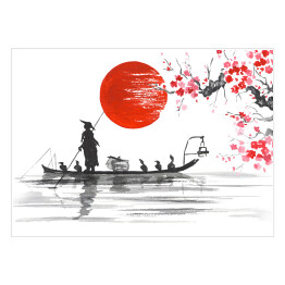 Plakat Tradycyjny japoński obraz - Człowiek z łodzi i gałęzie wiśni