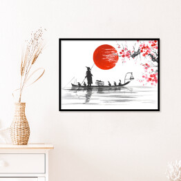 Plakat w ramie Tradycyjny japoński obraz - Człowiek z łodzi i gałęzie wiśni