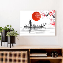 Obraz na płótnie Tradycyjny japoński obraz - Człowiek z łodzi i gałęzie wiśni