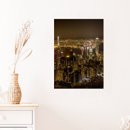 Plakat Hong Kong nocą - widok od szczytu nad dużym miastem, Azja