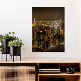 Plakat samoprzylepny Hong Kong nocą - widok od szczytu nad dużym miastem, Azja