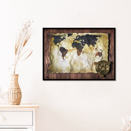 Plakat w ramie Mapa świata na starym, poplamionym papierze 
