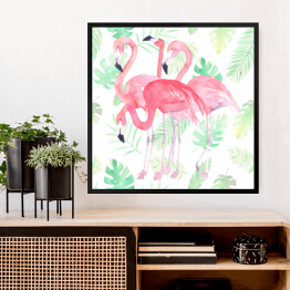 Obraz w ramie Flamingi i zielone liście