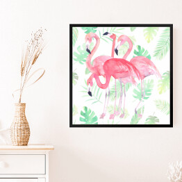 Obraz w ramie Flamingi i zielone liście