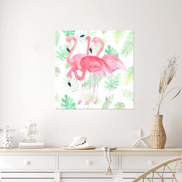 Plakat samoprzylepny Flamingi i zielone liście