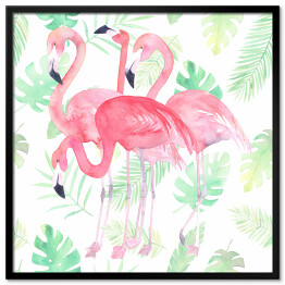 Plakat w ramie Flamingi i zielone liście