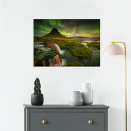 Plakat samoprzylepny Północne światło nad górą Kirkjufell