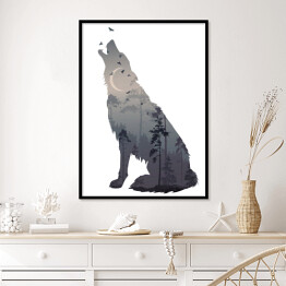 Plakat w ramie Wyjący wilk - podwójna ekspozycja
