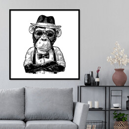 Plakat w ramie Małpa - hipster w kapeluszu, koszuli i muszce