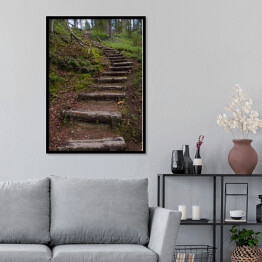 Plakat w ramie Drewniane schody jako część szlaku turystycznego w lesie