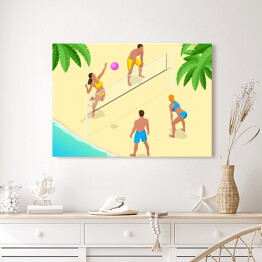 Obraz na płótnie Gracze siatkówki plażowej pod palmami - kolorowa ilustracja