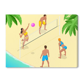 Gracze siatkówki plażowej pod palmami - kolorowa ilustracja
