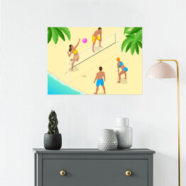 Plakat Gracze siatkówki plażowej pod palmami - kolorowa ilustracja