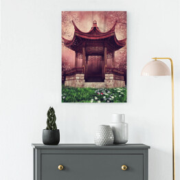 Obraz na płótnie Orientalna altana wśród kolorowych kwiatów i drzew