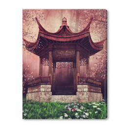 Obraz na płótnie Orientalna altana wśród kolorowych kwiatów i drzew