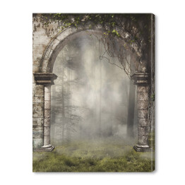 Obraz na płótnie Stara brama z bluszczem w mglistym lesie