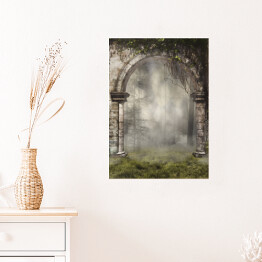 Plakat samoprzylepny Stara brama z bluszczem w mglistym lesie