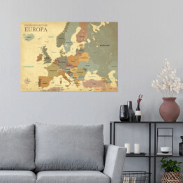 Plakat samoprzylepny Mapa Europy ze stolicami - efekt vintage - wersja niemiecka 