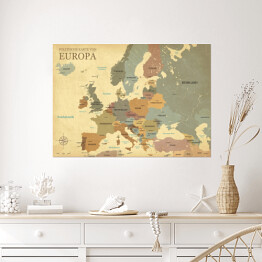 Plakat Mapa Europy ze stolicami - efekt vintage - wersja niemiecka 