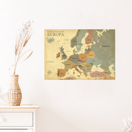 Plakat samoprzylepny Mapa Europy ze stolicami - efekt vintage - wersja niemiecka 