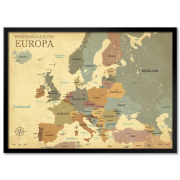 Mapa Europy ze stolicami - efekt vintage - wersja niemiecka 