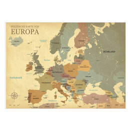 Plakat Mapa Europy ze stolicami - efekt vintage - wersja niemiecka 