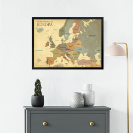 Obraz w ramie Mapa Europy ze stolicami - efekt vintage - wersja niemiecka 