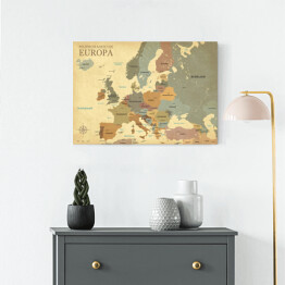 Obraz na płótnie Mapa Europy ze stolicami - efekt vintage - wersja niemiecka 