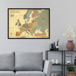 Plakat w ramie Mapa Europy ze stolicami - efekt vintage - wersja niemiecka 