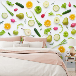Fototapeta Warzywa i owoce na białym tle - gruszki, zielona papryka, ogórki