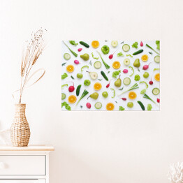 Plakat Warzywa i owoce na białym tle - gruszki, zielona papryka, ogórki