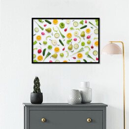 Plakat w ramie Warzywa i owoce na białym tle - gruszki, zielona papryka, ogórki