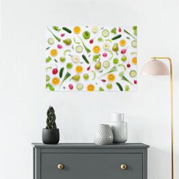 Plakat Warzywa i owoce na białym tle - gruszki, zielona papryka, ogórki