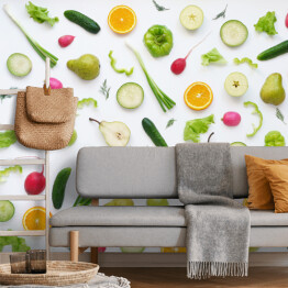 Fototapeta samoprzylepna Warzywa i owoce na białym tle - gruszki, zielona papryka, ogórki