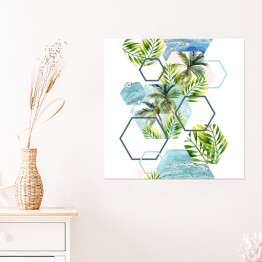 Plakat samoprzylepny Tropikalne liście i drzewka palmowe w geometrycznych kształtach 