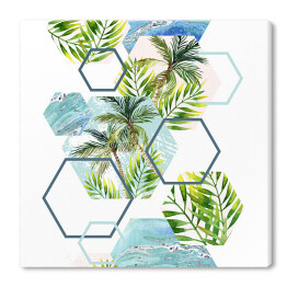 Obraz na płótnie Tropikalne liście i drzewka palmowe w geometrycznych kształtach 