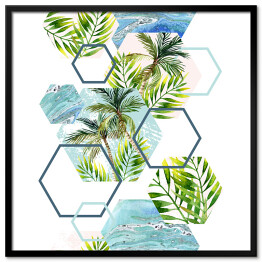Plakat w ramie Tropikalne liście i drzewka palmowe w geometrycznych kształtach 