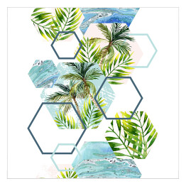 Plakat samoprzylepny Tropikalne liście i drzewka palmowe w geometrycznych kształtach 