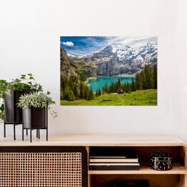 Plakat Alpejski górski krajobraz z jeziorem