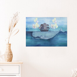 Plakat Abstrakcyjna akwarela - wieloryb wiozący statek