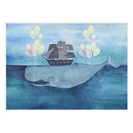 Plakat Abstrakcyjna akwarela - wieloryb wiozący statek