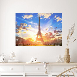 Plakat samoprzylepny Wieża Eiffla oświetlona słoncem, Paryż. Francja