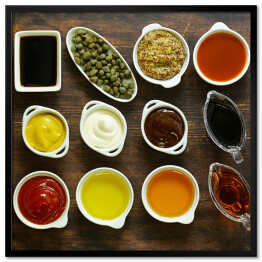 Plakat w ramie Różne rodzaje sosów i olejów w miskach