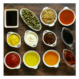 Plakat samoprzylepny Różne rodzaje sosów i olejów w miskach